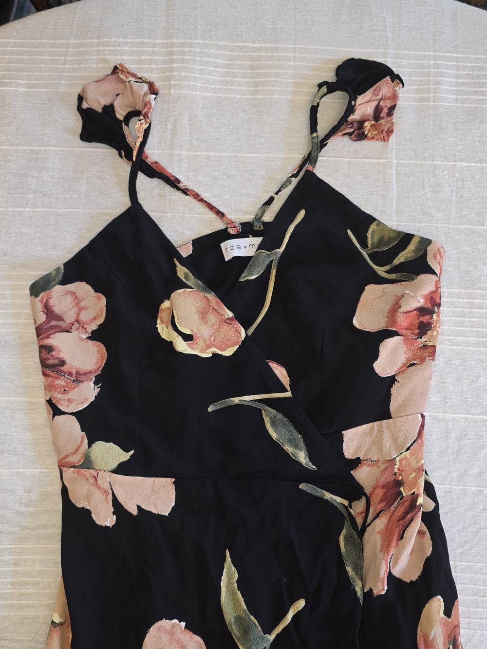 Summer Light Airy Black Floral Wrap Sundress with Pink Peach Blooms